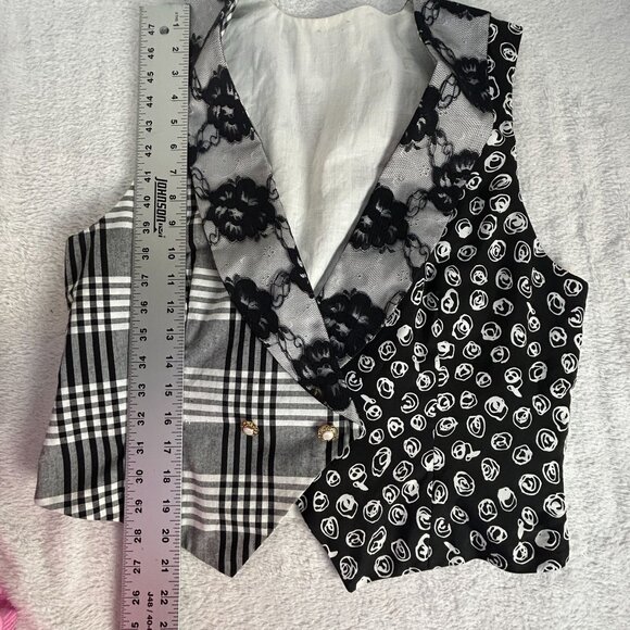 Women's Patchwork Pattern Shawl Collar Vest Black Gray Double-Breasted Casual - Picture 5 of 6